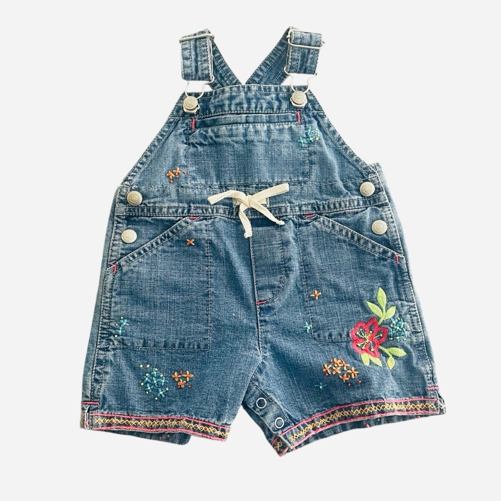 Baby Gap denim Shorts Overalls Floral Embroidered